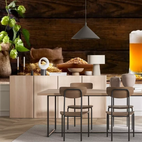 Fototapete Krug Bier Weizen Hopfen und Fass