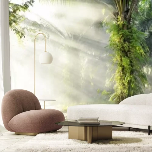 Fototapete Sonniger Morgen im tropischen Wald mit Palmen