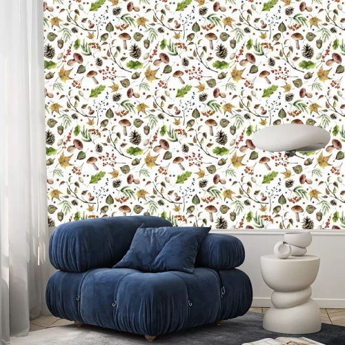 Tapete Aquarell Herbst Wald Muster. Hand bemalte Pilze, Eberesche, Herbst Blätter, Baum Zweig, Tannenzapfen, Beere und Eichel isoliert auf weißem Hintergrund. Natur Illustration für Design.