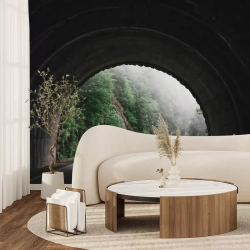 Fototapete Tunnel mit Wald im Nebel