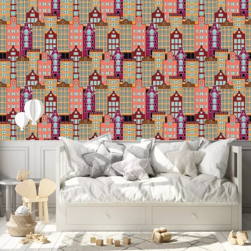 Tapete Nahtlose Vektor Muster der niederländischen Häuser. Amsterdam Stadtgebäude