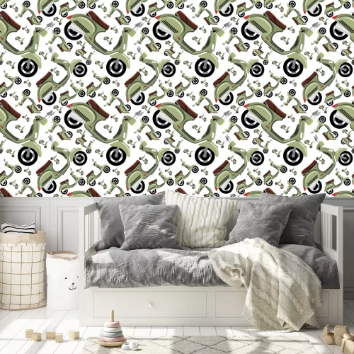 Tapete Nahtloses Hipstermuster mit Retro-Motorrad in weißer Farbe. Moderner modischer Hintergrund mit Vintagen Roller. Cartoon Hand zeichnen Stil