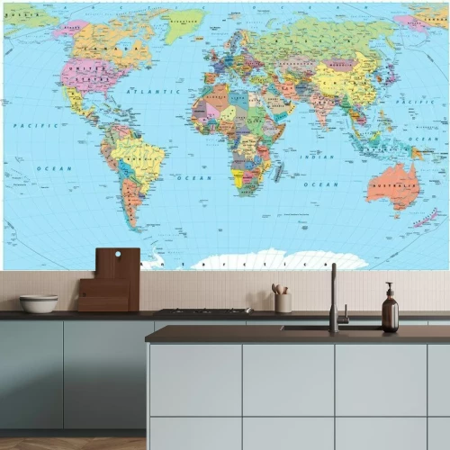 Fototapete Farbige Weltkarte - Grenzen, Länder, Straßen und Städte