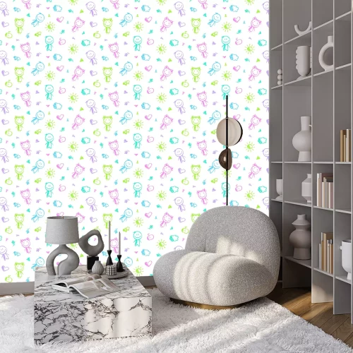 Tapete Gezeichnete Menschlein Sonne und Sterne