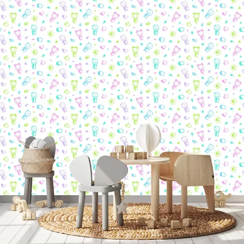 Tapete Gezeichnete Menschlein Sonne und Sterne