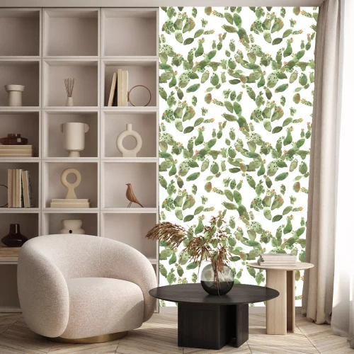 Tapete Nahtlose Muster mit grünen blühenden Kakteen in Aquarell auf weißem Hintergrund isoliert gemalt