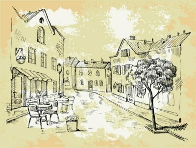 Fototapete Gezeichnete Straße mit Café und Baum