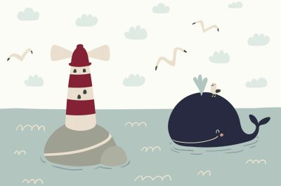 Fototapete Wal Leuchtturm und Meer skandinavisches Kinderdesign