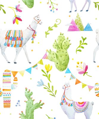 Tapete Bunte Lamas und Kakteen
