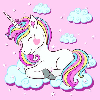 Sticker Schönes Einhorn auf Wolken mit Sternillustration, Vektor.