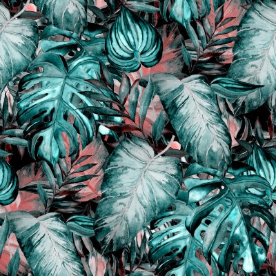 Tapete Aquarell-Palmenblätter auf rosa Hintergrund