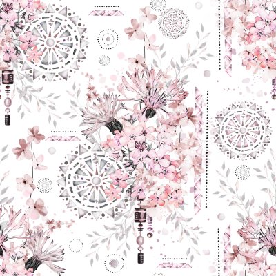 Sticker Muster mit Aquarellblumen und strukturierten Ornamenten - Mandala. Abstrakter Blumenhintergrund. Fliese mit wiesenwilder Blume und geometrischer Illustration