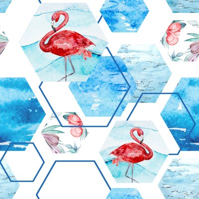 Sticker Tiere rosa Flamingos und blaue Sechsecke