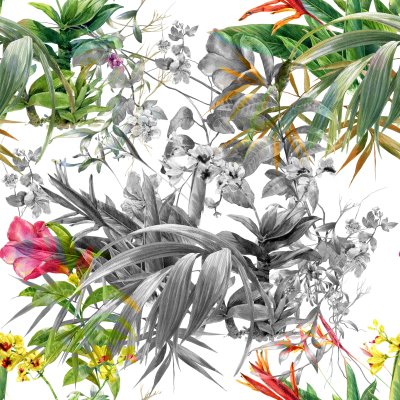 Poster Blumenstrauß aus Palmen und Blumen in Farbe und Grau