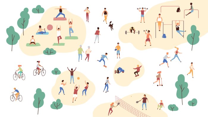 Sticker Gruppe von Personen, die Sportaktivitäten am Park durchführt - Yoga- und Gymnastikübungen ausführen, Rütteln, Fahrradfahren, Ballspiel und Tennis spielen. Outdoor-Training. Flache Karikaturvektorillus