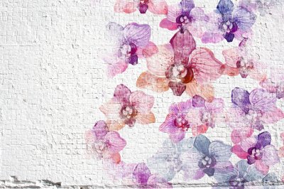 Fototapete 3D Mauer mit gemalten Orchideen
