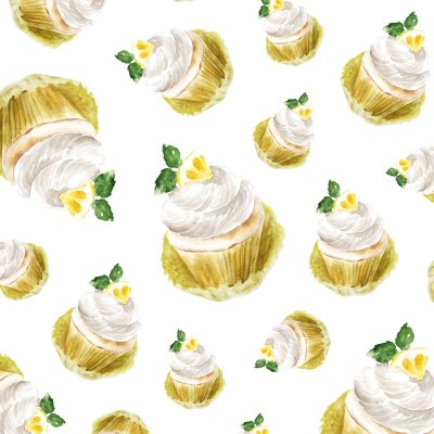 Sticker Zitronenkleiner kuchen mit Sahne Minze, Aquarellillustrations-Muffinnachtisch. Kunstdruck, Mode-Skizze. Bäckerei süße Kuchen Obst Zitrusfrüchten