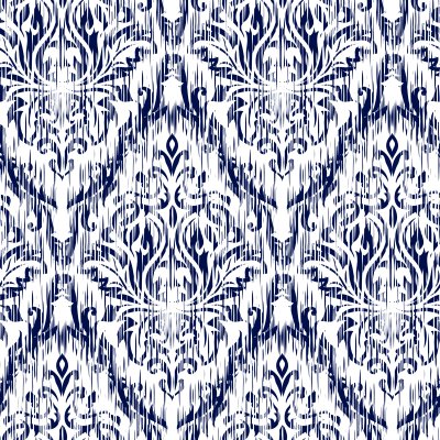 Sticker Blaue Verzierung Ikat Ogee und Damaskus nahtloses Hintergrundmuster. Abstrakter Hintergrund für Textildesign, Tapete, Oberflächenbeschaffenheiten.