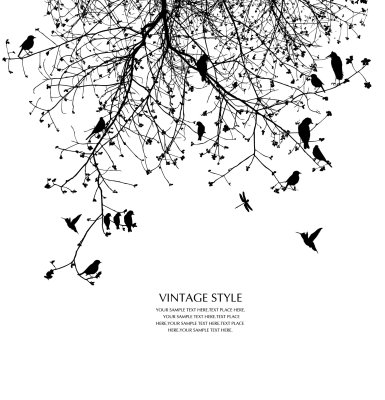 Poster Zweige und Vögel in Schwarz