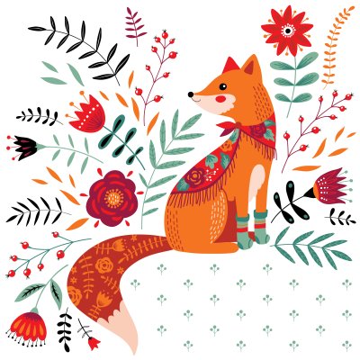 Sticker Tiere Wald Rotfuchs und rote Blumen