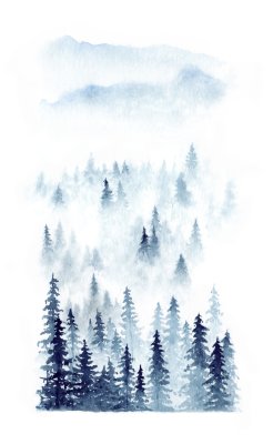 Poster Aquarelllandschaft mit einem blauen Wald und einer Bergkette