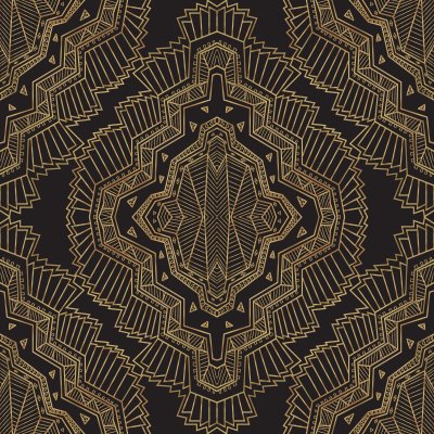 Sticker Geometrischer abstrakter Vektor ohne Art-Deco-Muster mit handgezeichneter Raute aus Gold und Schwarz, ethnischen Eskimo-Ornamenten, Zickzack-Spitzenstreifen. Fantasie Textildruck. Geschenkpapier. Mal