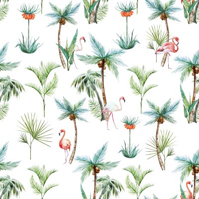 Fototapete Weißes tropisches Motiv mit Flamingos