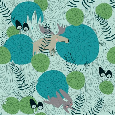 Sticker Beinhaltet Waldhintergrund mit niedlichen Waldpflanzen, Lachs, Hase und Pilzen im Cartoon-Design