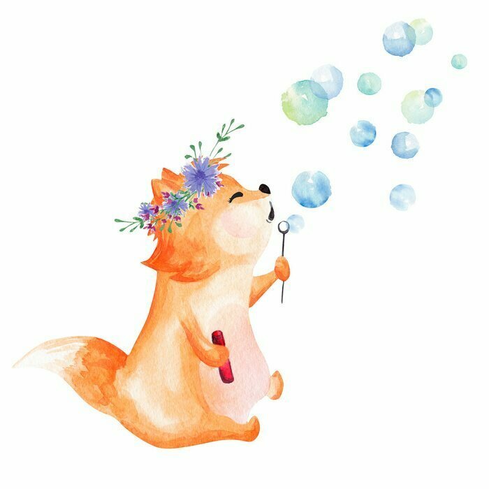 Sticker Hand drawn watercolor fox blowing bubbles