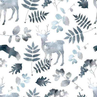 Sticker Nahtloses Muster des Nordwaldes mit Rotwild, Vögel, Blattelemente. Aquarell von Hand gezeichnet