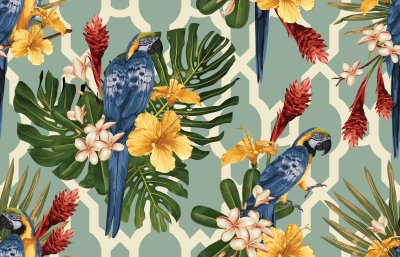 Tapete Hawaiianische Blumen und Papageien
