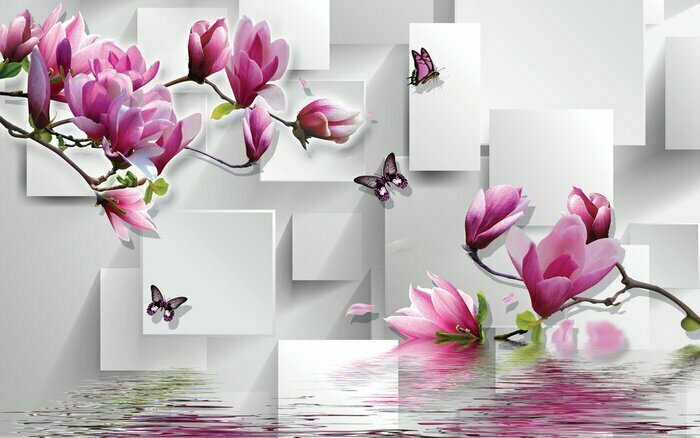 Sticker 3d illustration, light background, rectangles, butterflies, magnolia