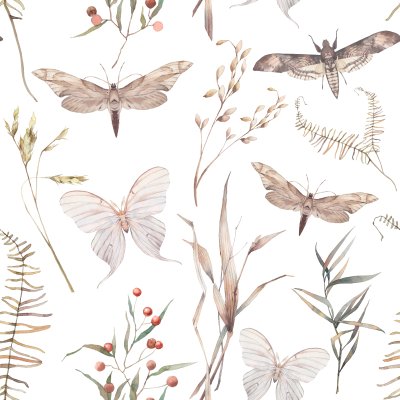 Sticker Nahtloses Muster der Aquarellschmetterling- und -sommerfeldkräuter. Handgemalte Beschaffenheit mit botanischen Elementen: Anlagen, Gras, Beeren, Farn, Blätter. Natürlicher sich wiederholender Hintergr