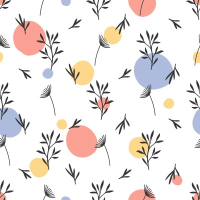 Sticker Nahtloses Blumenmuster. Flache botanische Verzierung mit Elementen der Natur und handgezeichneten Punkten. Einfache sich wiederholende Textur. Moderner Originalstoff, Geschenkpapier, Innenarchitektur.