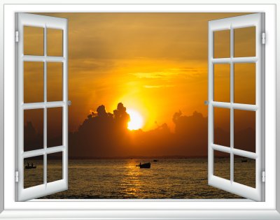 Fototapete Fensterblick auf Meer und Sonnenuntergang
