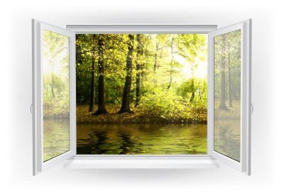 Fototapete Ein Fenster mit Blick auf Wasser und Wald