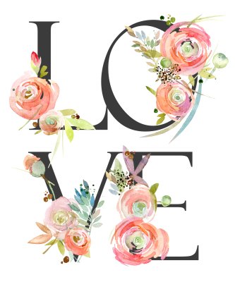 Bild Die Aufschrift Love mit Aquarellblumen