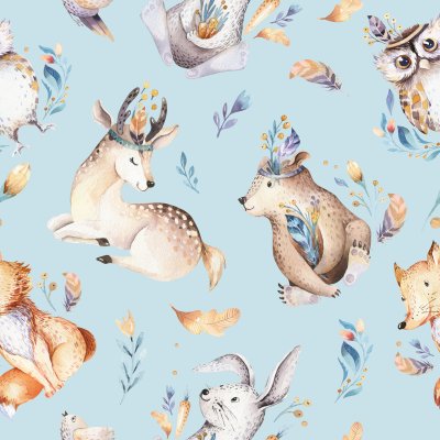 Tapete Waldtiere auf blauem Grund