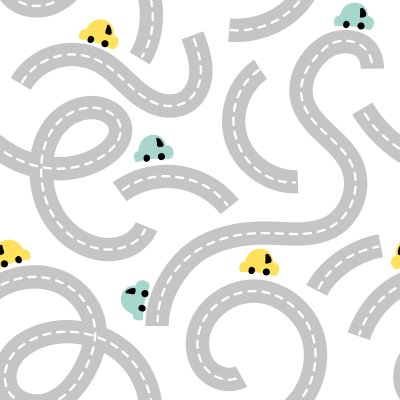 Sticker Nahtlose Musterstraße mit Babyautos für Druck, Textil, Tapete. Kinderhintergrund mit Straßenautos