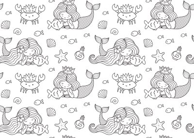 Sticker Nahtloses Muster mit kleiner liegender Meerjungfrau, großem Fisch, Krabbe, Krone. Druckdesign für Malbuch, Textil, Stoff, Poster, Dekor, Grußkarten, Papier, Kleidung, Tapete. Vektorillustration