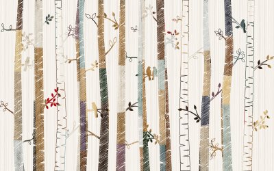 Sticker Eine märchenhafte Illustration eines Birkenwaldes für Kinder