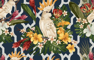 Tapete Tropische Blumen und Papageien
