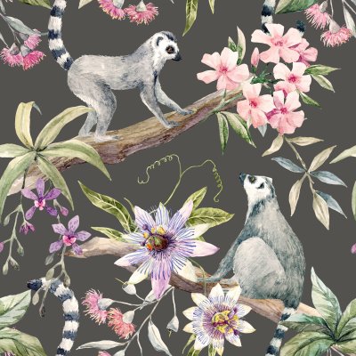 Tapete Lemuren und Blumen auf grauem Hintergrund