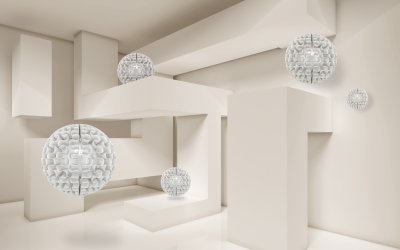 Sticker Illustration des 3D-Kristallkugelmusters auf einer dekorativen Hintergrund-3D-Tapete. Zeitgenössische Grafik