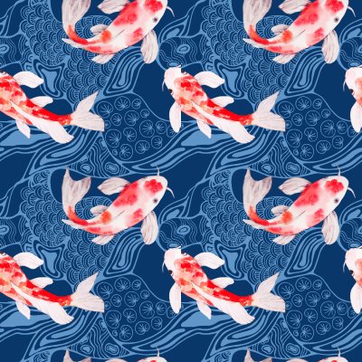 Tapete Koi-Karpfen im Hintergrund Blaue Fantasiewellen