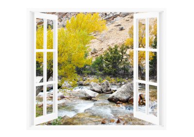 Fototapete Offenes Fenster mit schöner Natur auf einem Hintergrund