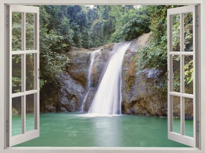 Fototapete Eingerahmter Wasserfall in einem tropischen Waldfenster