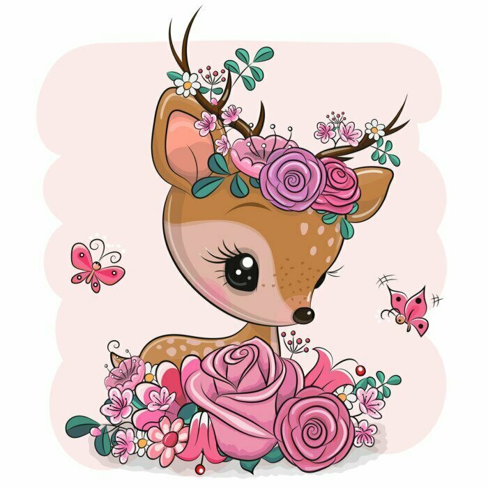 Sticker Woodland Deer with flowers and butterflies on a pink background