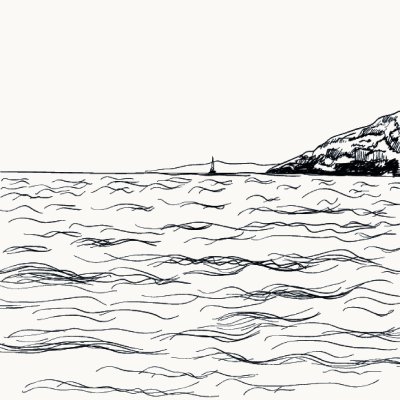 Sticker Vektorskizze der Sommerseelandschaft. Blick auf das Meer und die Berge