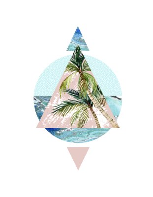 Sticker Abstrakter Sommerhintergrund. Dreieck, Kreis, Aquarellpalme, Blatt, Marmorschmutzbeschaffenheiten. Geometrisches Design für T-Shirt, Flyer, Poster im Retro-80er, 90er Jahre. Handgemalte Sommerstrandil